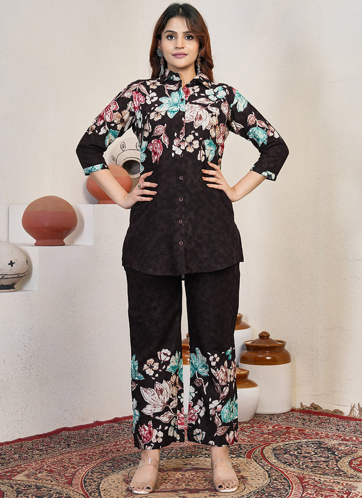 Cotton Black Flower Printed Cord Set For Outwear