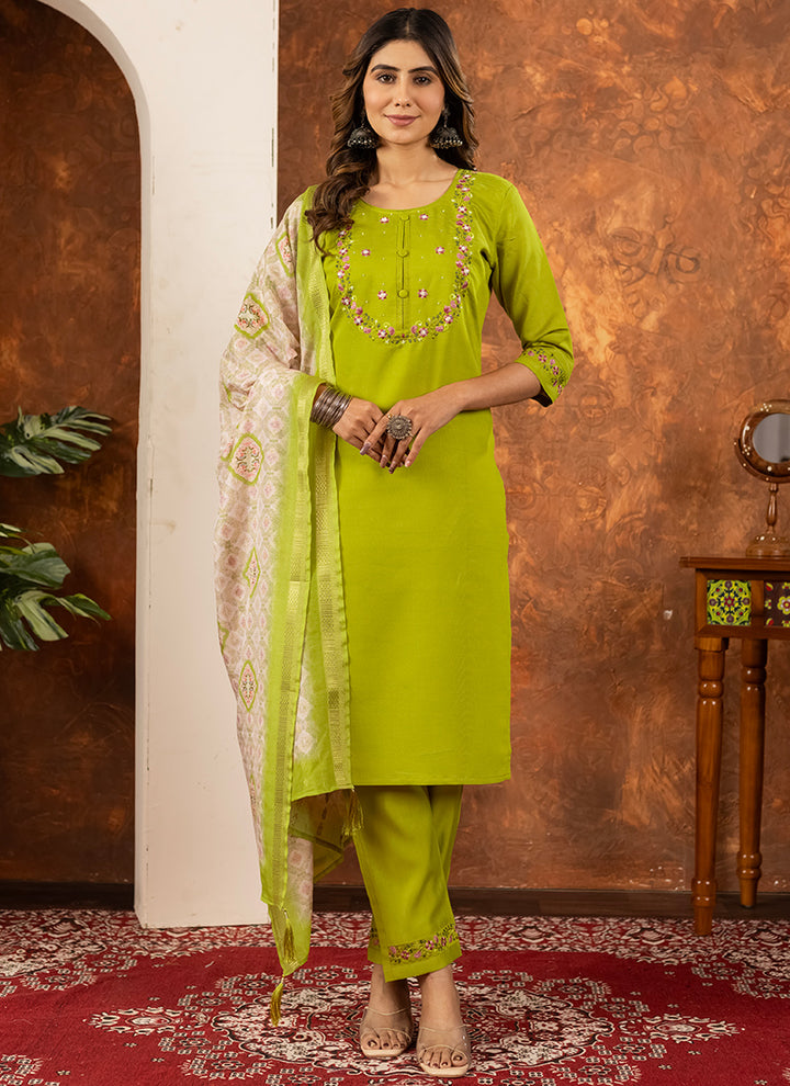 Green Embroidered Marina Silk Kurta Set