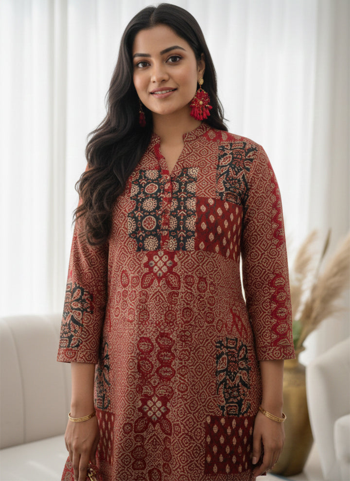 Red Soft Rayon Cotton Printed Cord Set