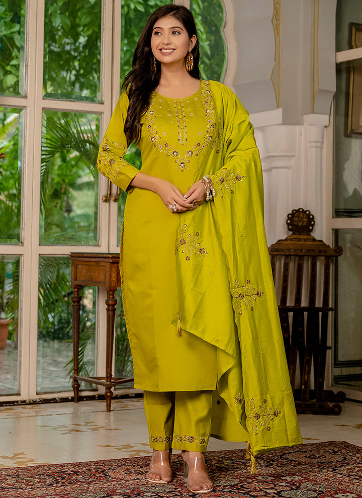 Light Green Marina Silk Embroidered Festive Kurta Set