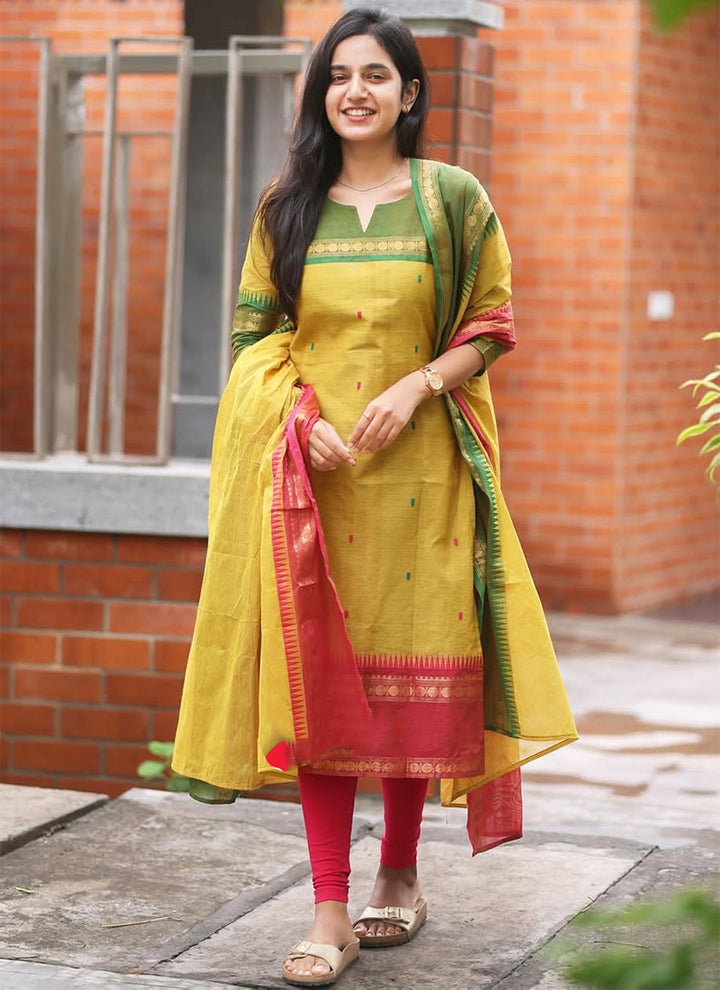 Lemon Yellow Cotton Woven Festive Wear Kurta And Dupatta