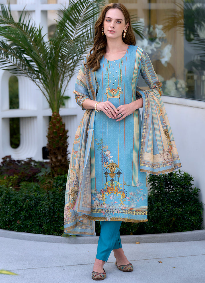 Sky Blue Silk Blend Printed Kurta Set For Festive