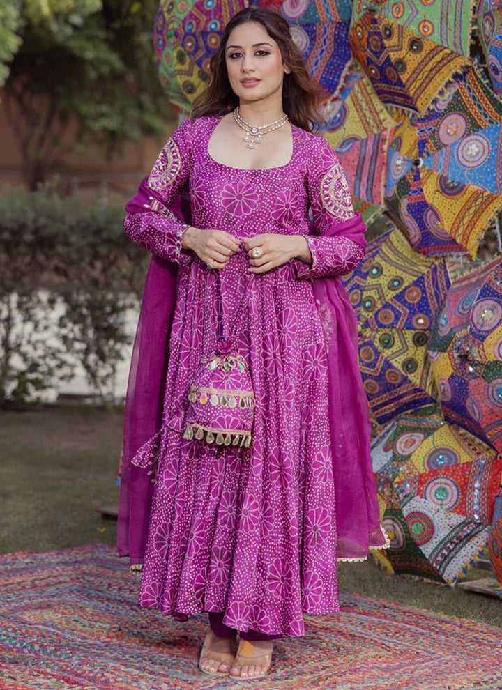 Purple Chinon Digital Printed Anarkali Style Kurta Set