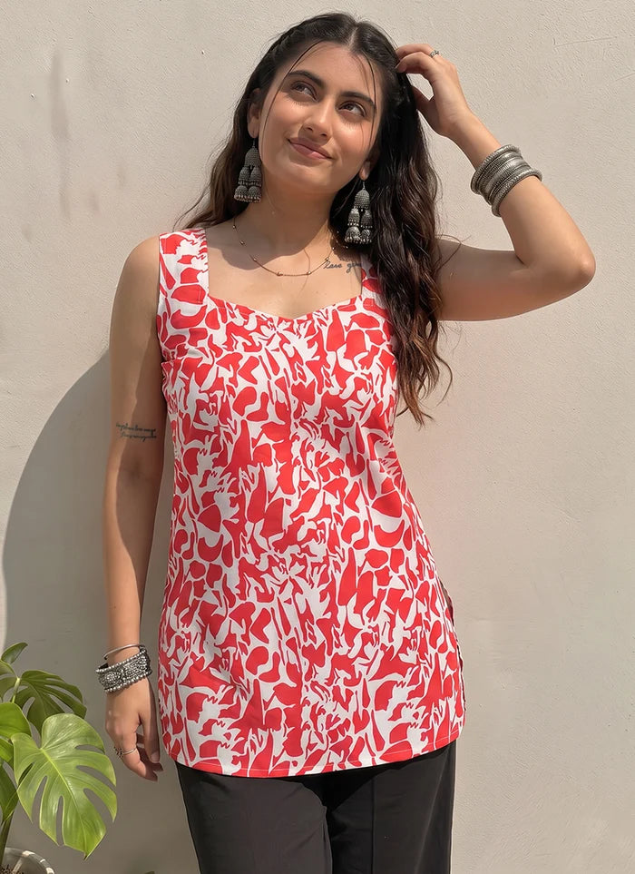 Red And White Cotton Printed Sleeveless Kurti