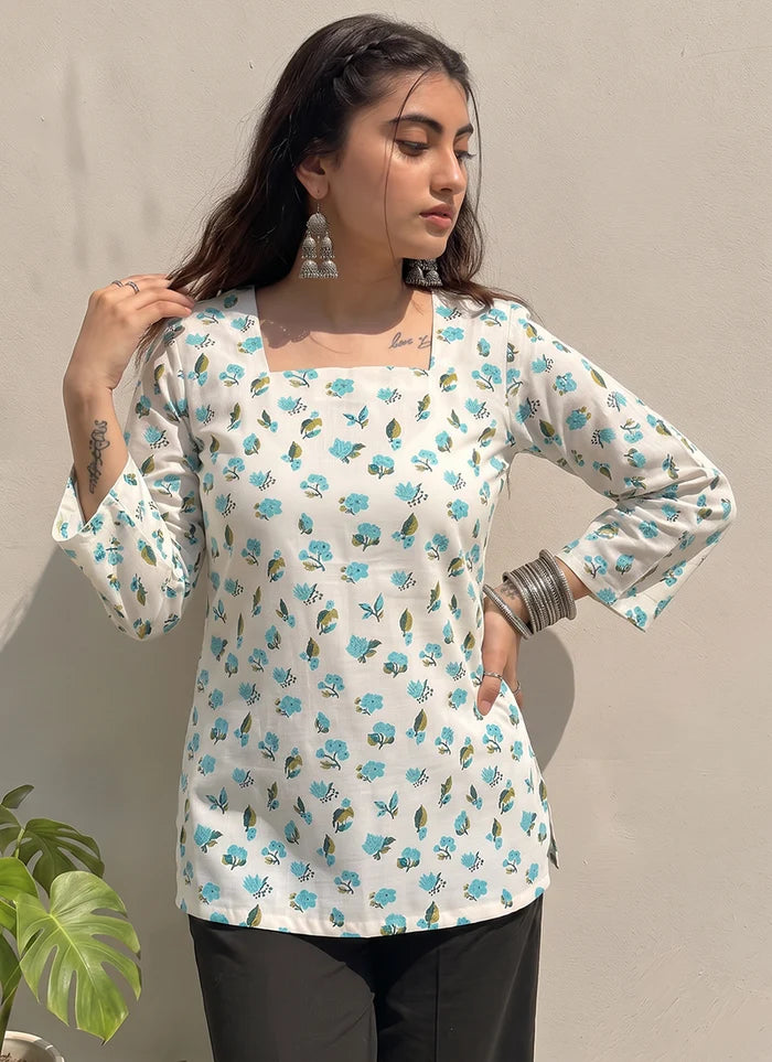 Off White Cotton Printed Office Wear Kurti