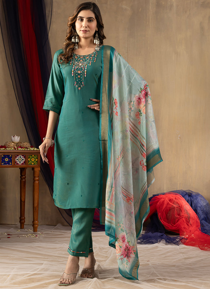 Rama Green Shimmer Silk Embroidered Kurta Set