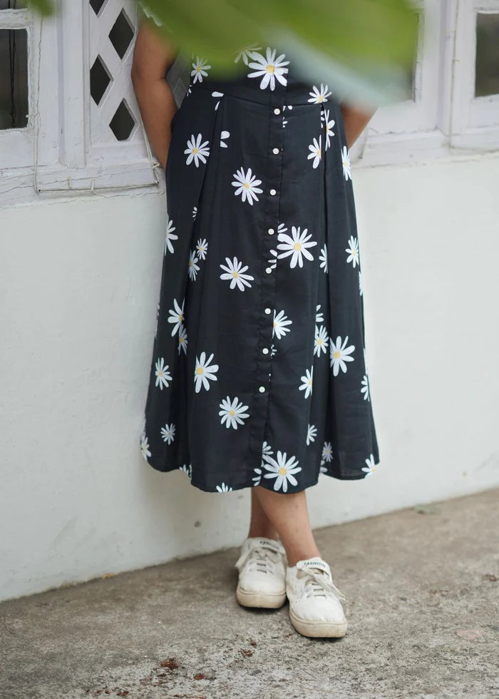 Admirable Daisy Flower Printed Black Rayon Dungaree Dress