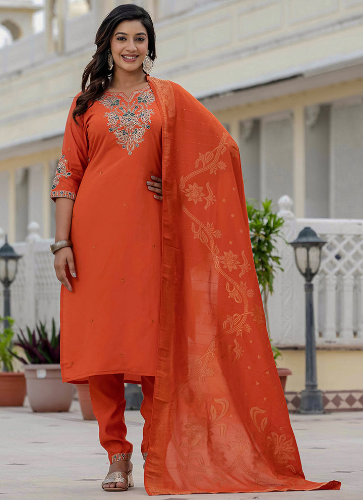 Orange Roman Silk Embroidered Kurta Set For Festive