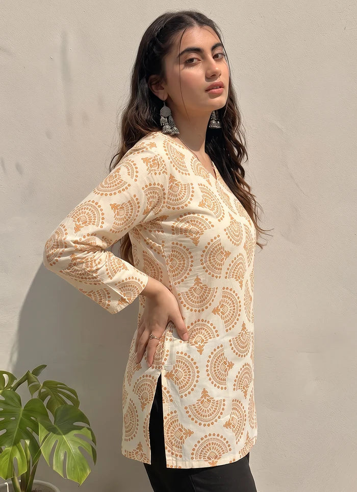 Off White Cotton Printed V Neck Office Wear Kurti