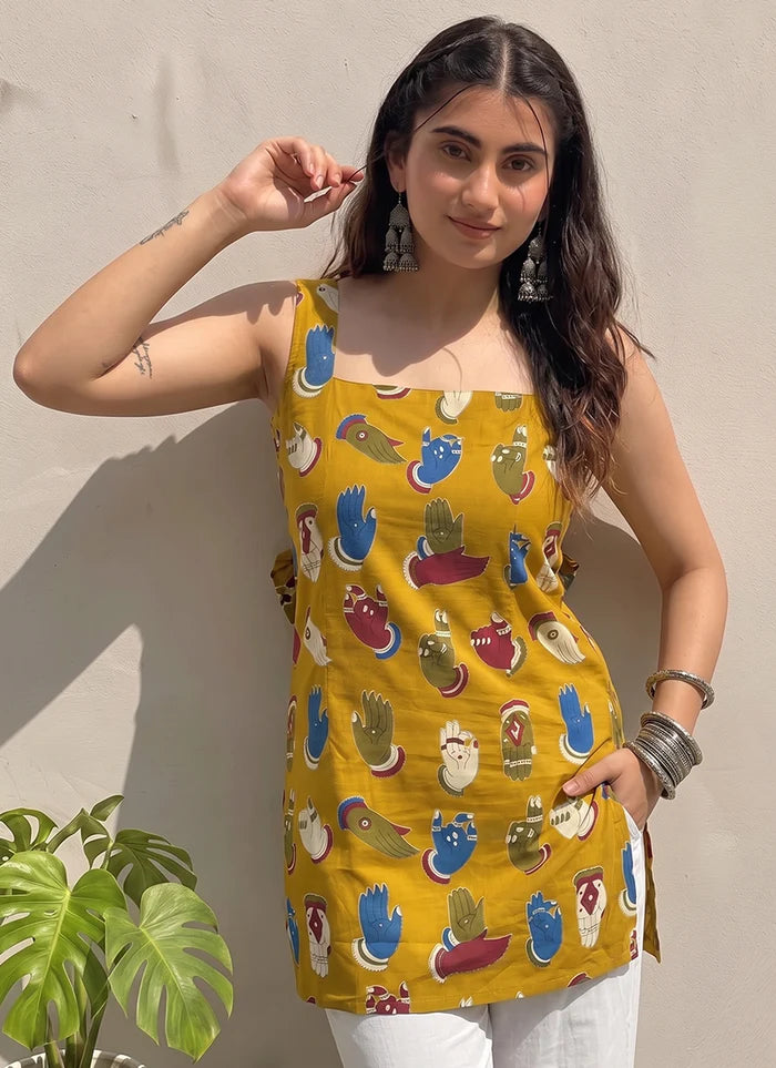 Mustard Cotton Printed Straight-Cut Kurti