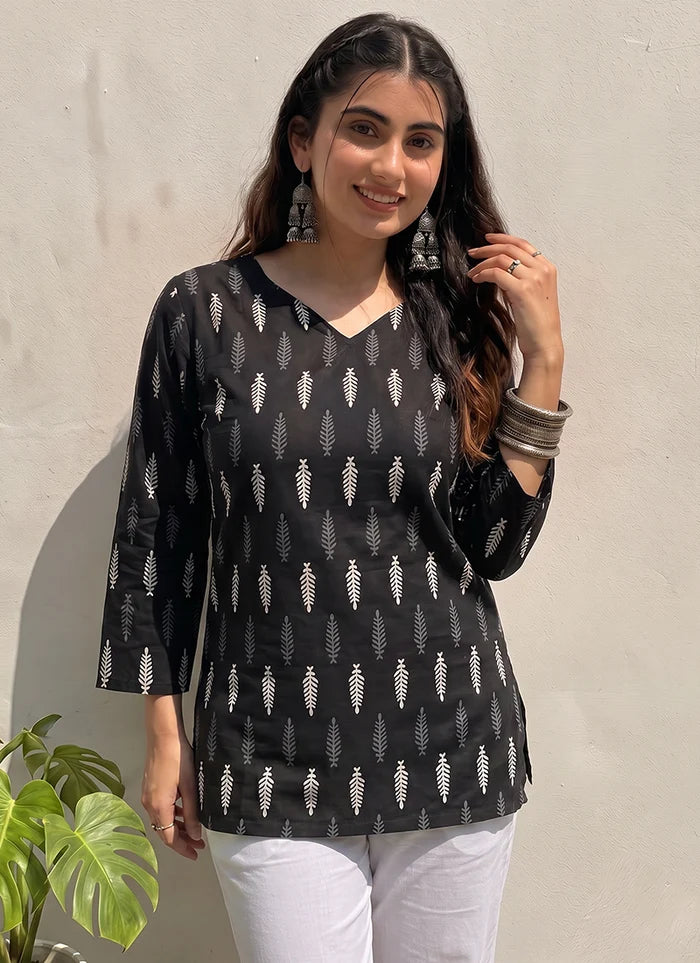 Black Cotton Printed V Neck Office Wear Kurti