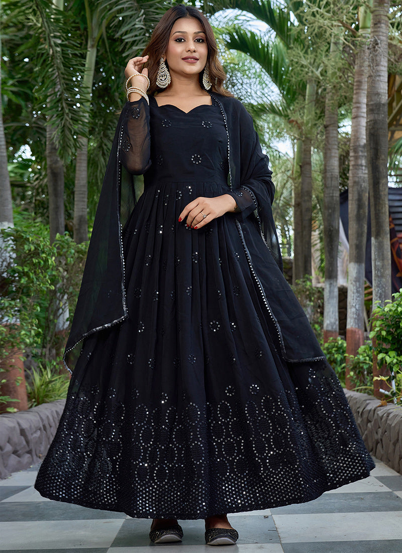Black Georgette Anarkali Style Gown And Dupatta – Shinisha