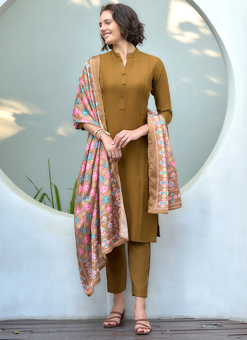 Mustard Vatican Straight Kurta Set With Printed Dupatta