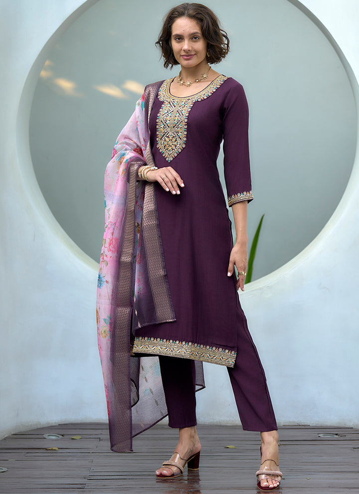 Wine Embroidered Straight Kurta Set With Dupatta