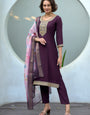 Wine Embroidered Straight Kurta Set With Dupatta