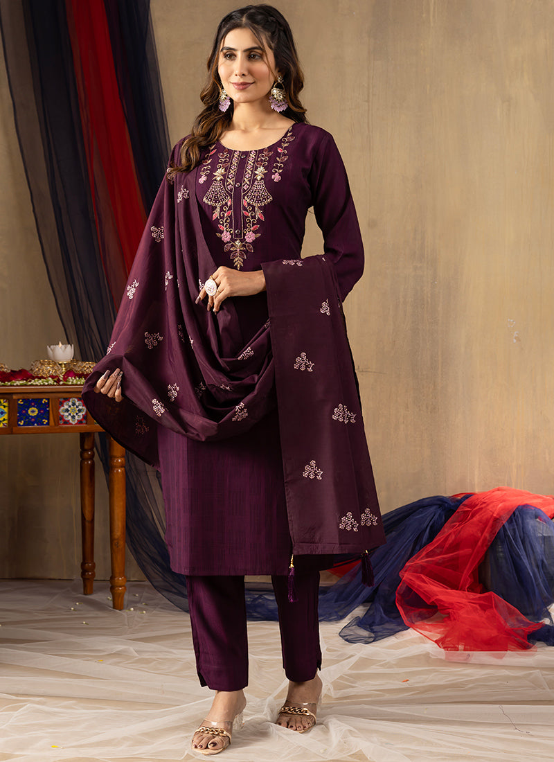 Wine Viscose Thread Embroidered Kurta Set