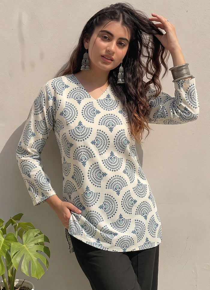 Off White Cotton Printed Office Wear Kurti