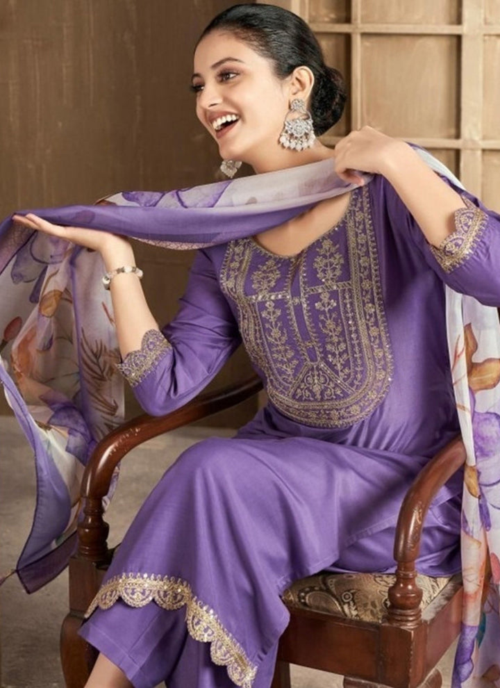 Deep Lavender Embroidered Rayon Straight Kurta Set