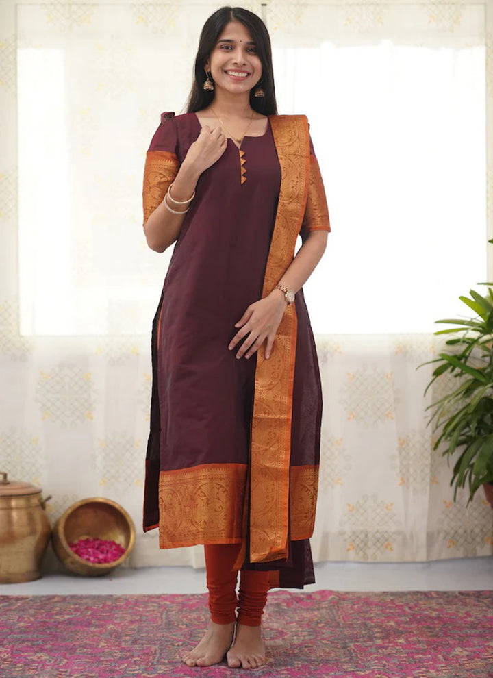 Wine Kanchi Cotton Woven Kurta And Dupatta For Casual Wear