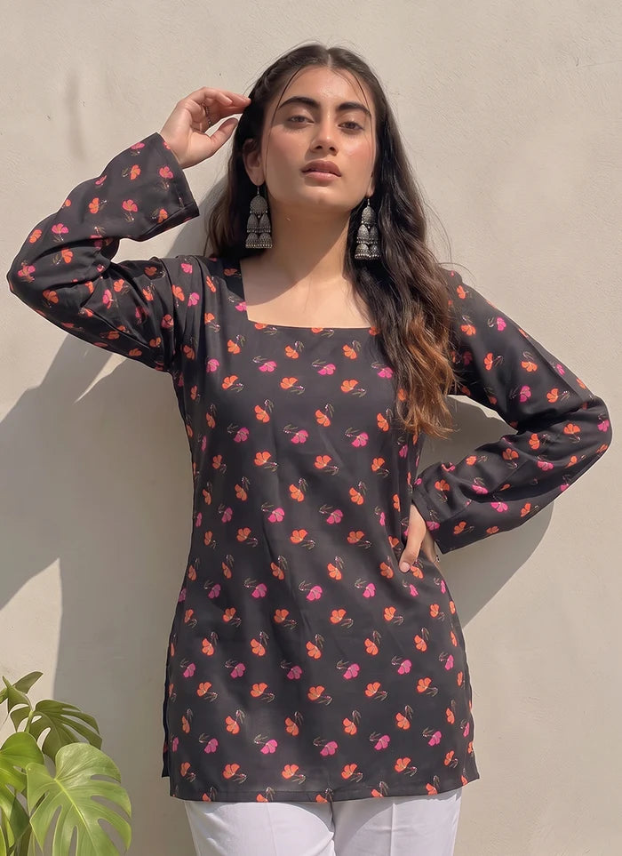Black Cotton Printed Bell Sleeves Kurti