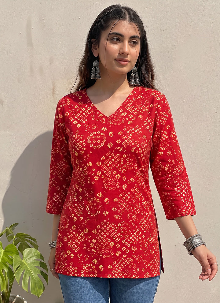 Red Cotton Bandhej Printed Outwear Kurti