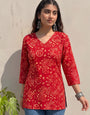 Red Cotton Bandhej Printed Outwear Kurti