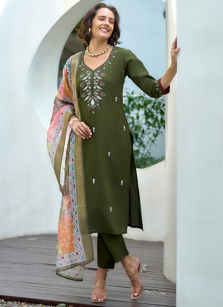 Embroidered Green Kurta With Trouser And Dupatta