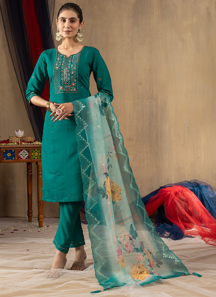 Roman Silk Teal Thread Work Salwar Set For Ceremonial