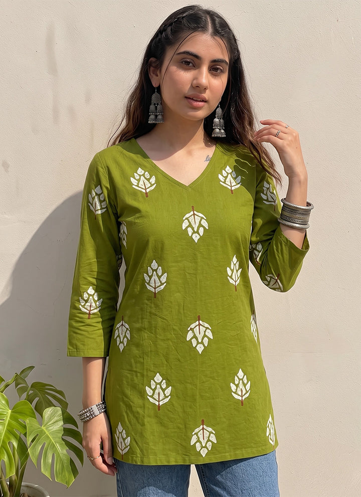Green Cotton Printed V Neck OutWear Kurti