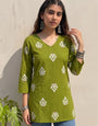Green Cotton Printed V Neck OutWear Kurti