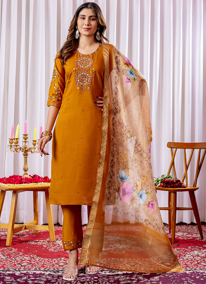 Mustard Thread Work Viscose Silk Kurta Set