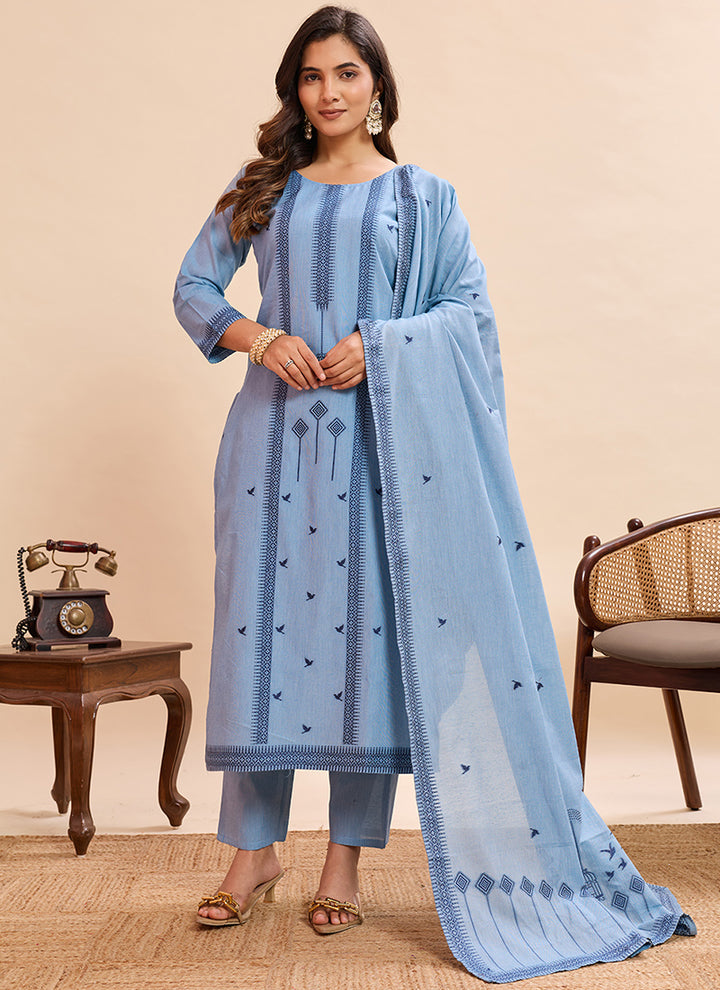 Sky Blue Pure Cotton Jacquard Festive Kurta Set