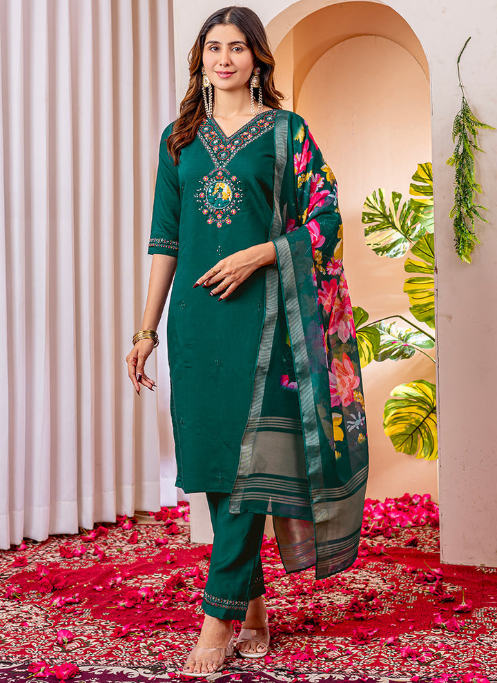 Green Viscose Silk V-Neck Embroidered Salwar Suit