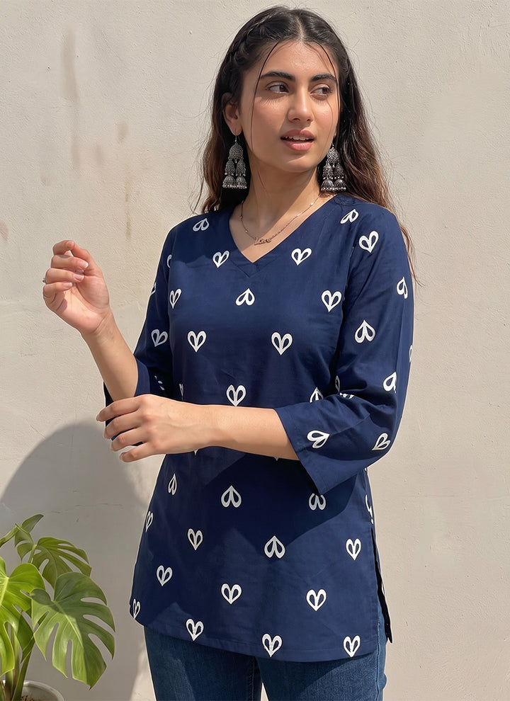 Blue Cotton Printed Office Wear Kurti