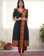 Black Kanchi Cotton Woven V-Neck Casual Kurta And Dupatta