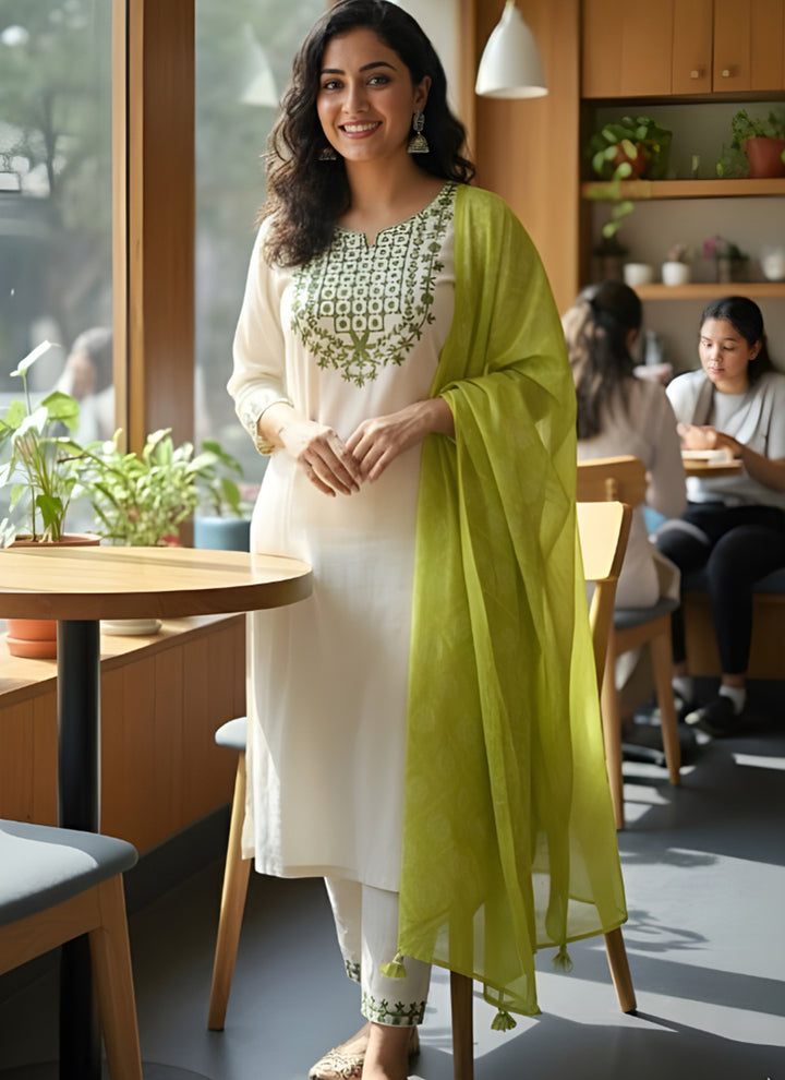 White Thread Embroidered Rayon Straight Kurta Set