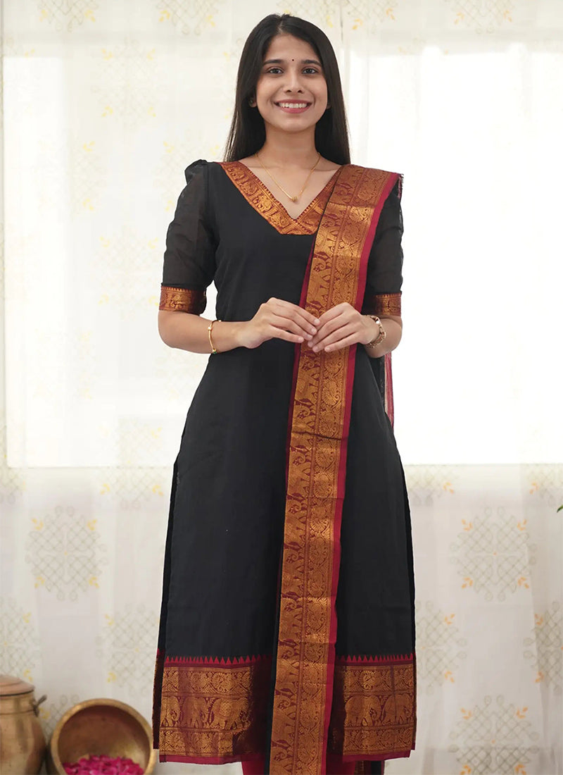 Black Kanchi Cotton Woven V-Neck Casual Kurta And Dupatta
