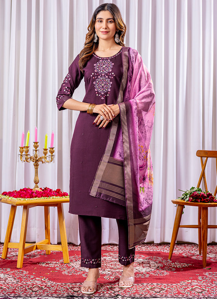 Wine Viscose Silk Embroidered Salwar Set For Festive