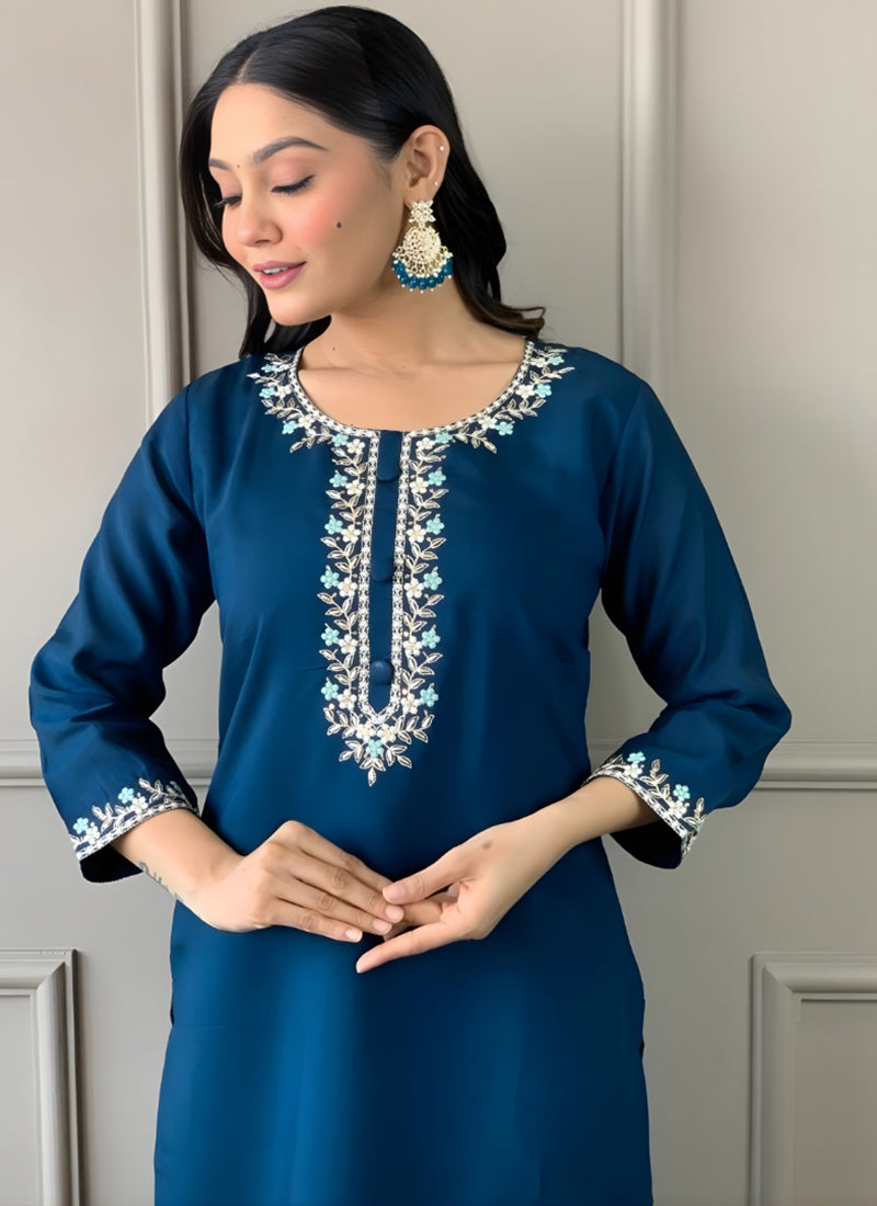 Peacock Blue Rayon Slub Embroidered Festive Kurta Set