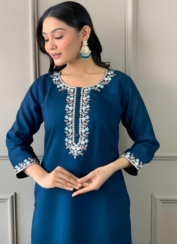 Peacock Blue Rayon Slub Embroidered Festive Kurta Set