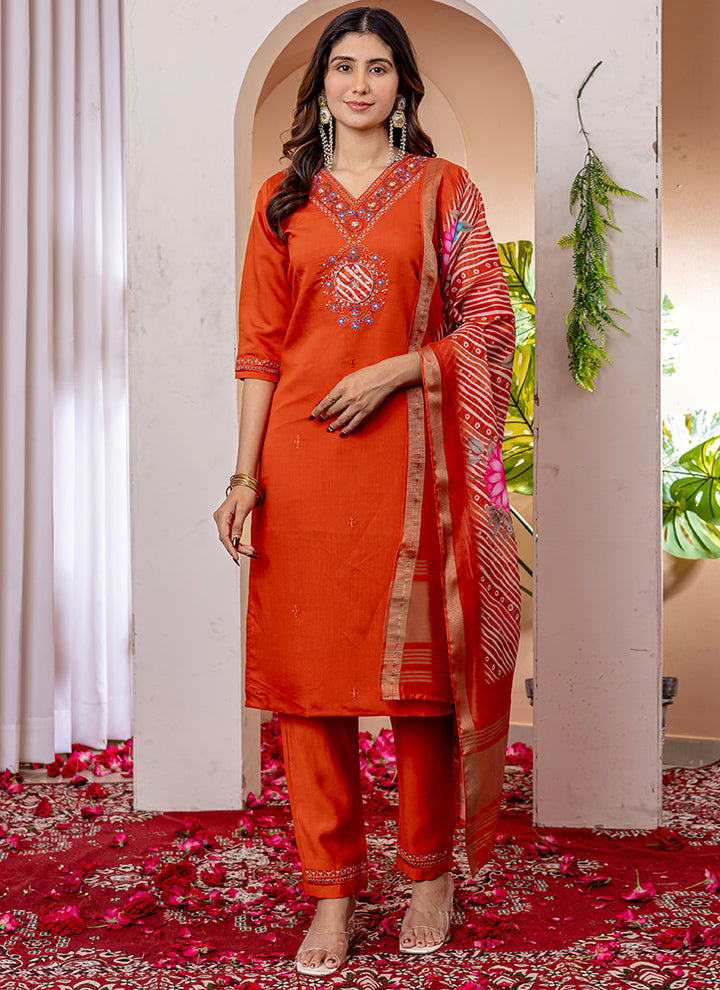 Orange V-Neck Viscose Silk Embroidered Salwar Suit