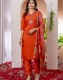 Orange V-Neck Viscose Silk Embroidered Salwar Suit