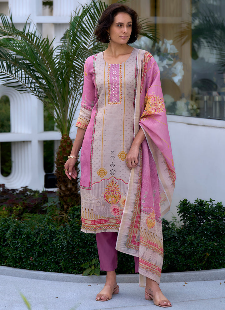 Grey And Pink Printed Silk Blend Festive Wear Kurta Set