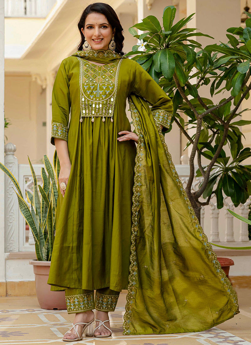 Mehndi Green Viscose Roman Silk Layered Kurta Set