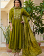 Mehndi Green Viscose Roman Silk Layered Kurta Set