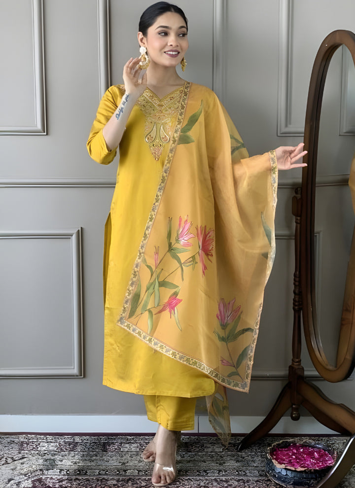 Yellow Embroidered Cottton Straight Ceremonial Kurta Set