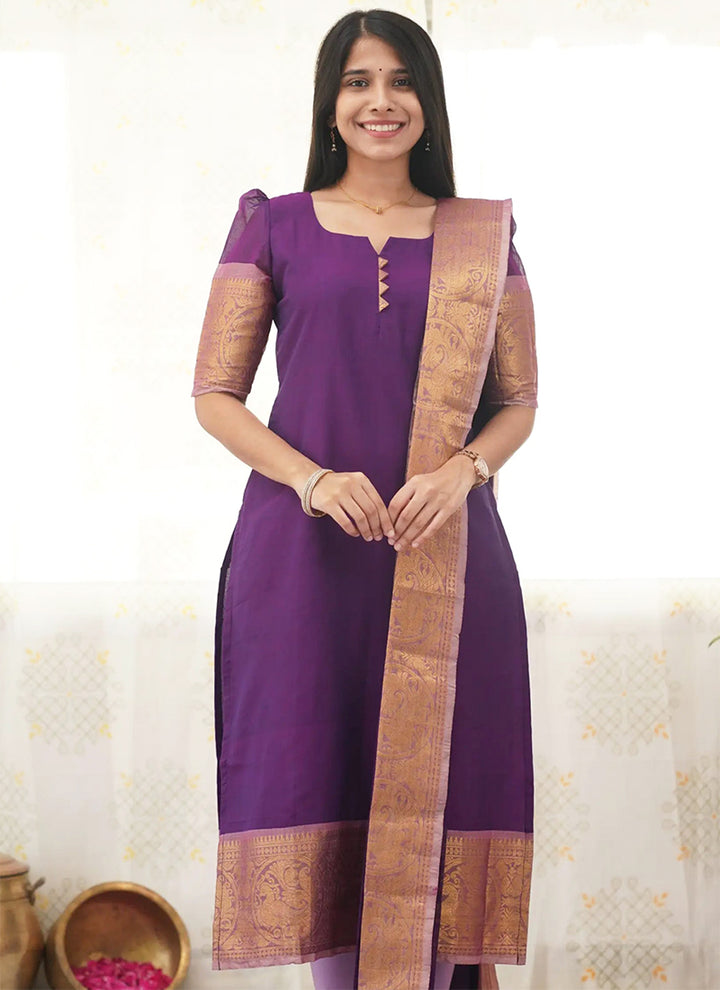 Purple Kanchi Cotton Woven Kurta And Dupatta For Casual Wear