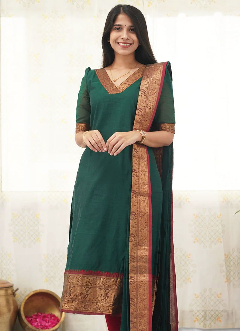 Green Kanchi Cotton Woven V-Neck Casual Kurta And Dupatta