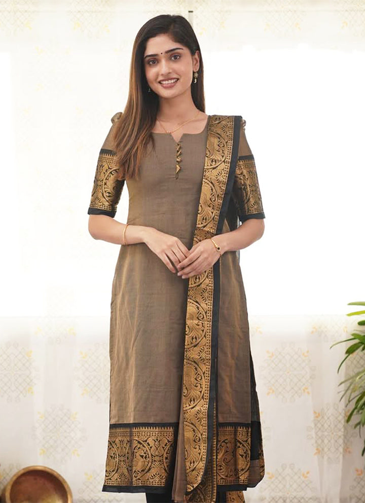 Brown Kanchi Cotton Woven Kurta And Dupatta For Casual Wear