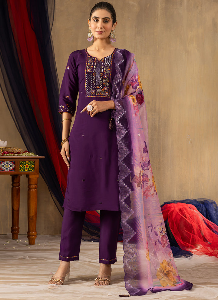 Purple Roman Silk Thread Work Salwar Set For Ceremonial